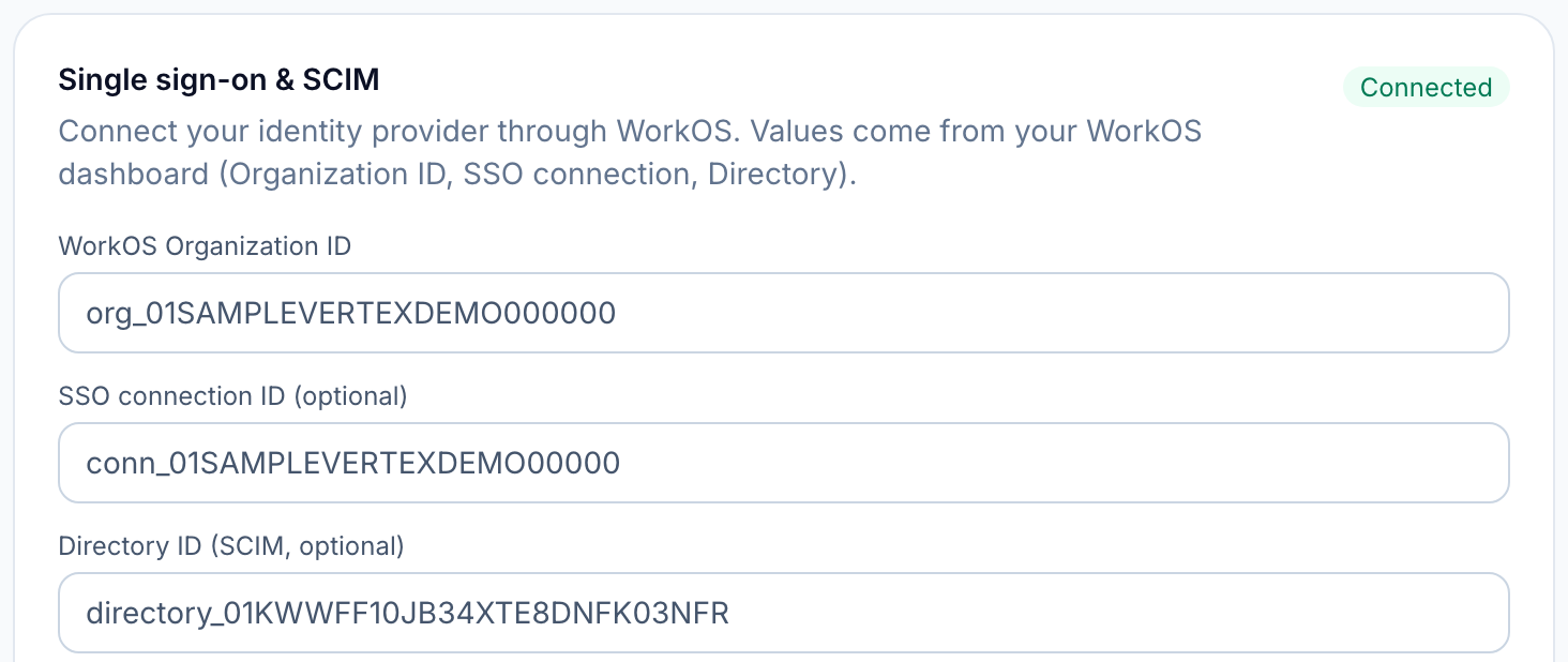 The SSO & SCIM settings of a staged sample workspace: a connected identity provider with its organization, connection, and SCIM directory IDs.