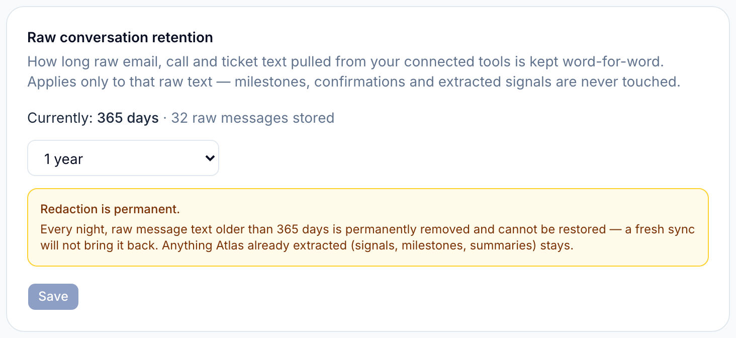 The raw-conversation retention setting of a staged sample workspace: a one-year window, the live count of stored messages, and the redaction-is-permanent warning.