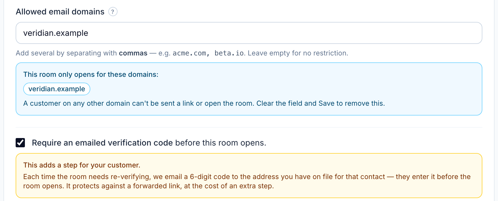 A staged sample room's entry policy: a live email-domain lock and required emailed-code verification, with the honest note that it adds a step for the customer.