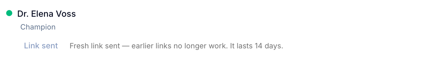 A staged sample room's stakeholder row after a link resend, stating that earlier links no longer work and the fresh link lasts 14 days.